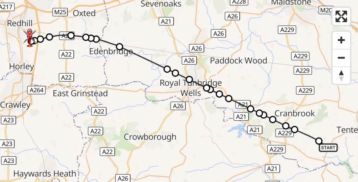 Flight route Air Ambulance Helicopter Ashford - Redhill Aerodrome, 10 October 2026, 12:02