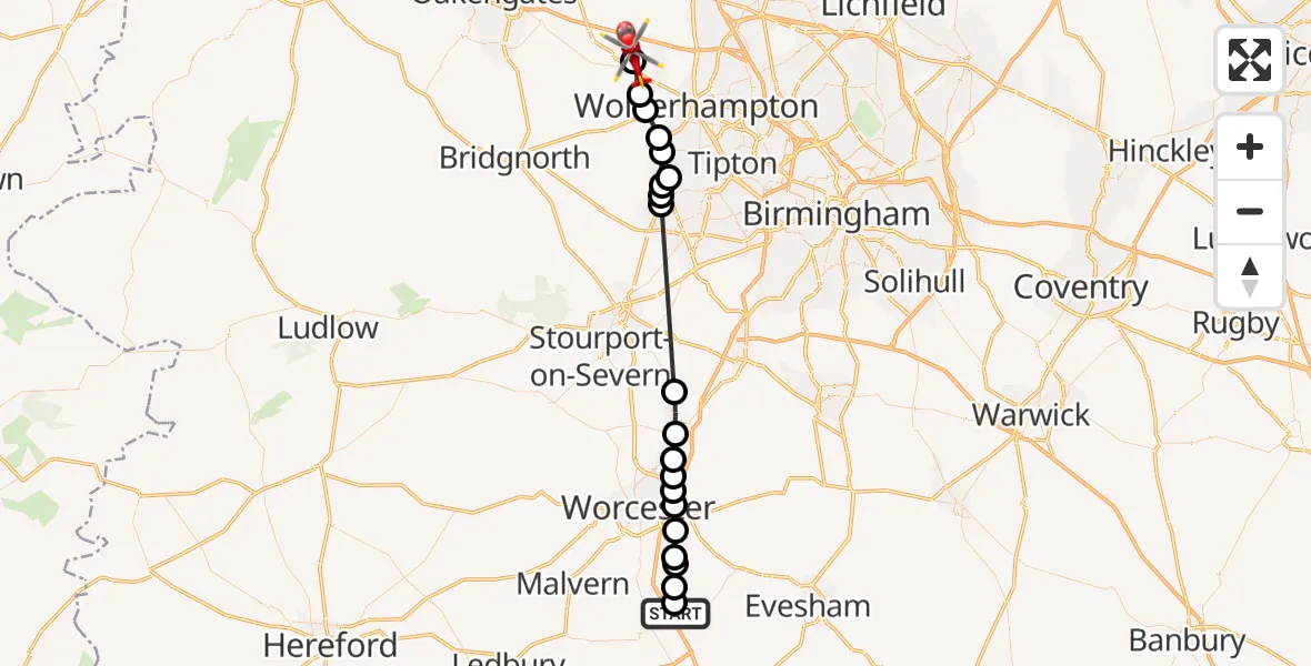 Flight route Air Ambulance Helicopter Earl's Croome - Codsall, 10 October 2026, 12:07