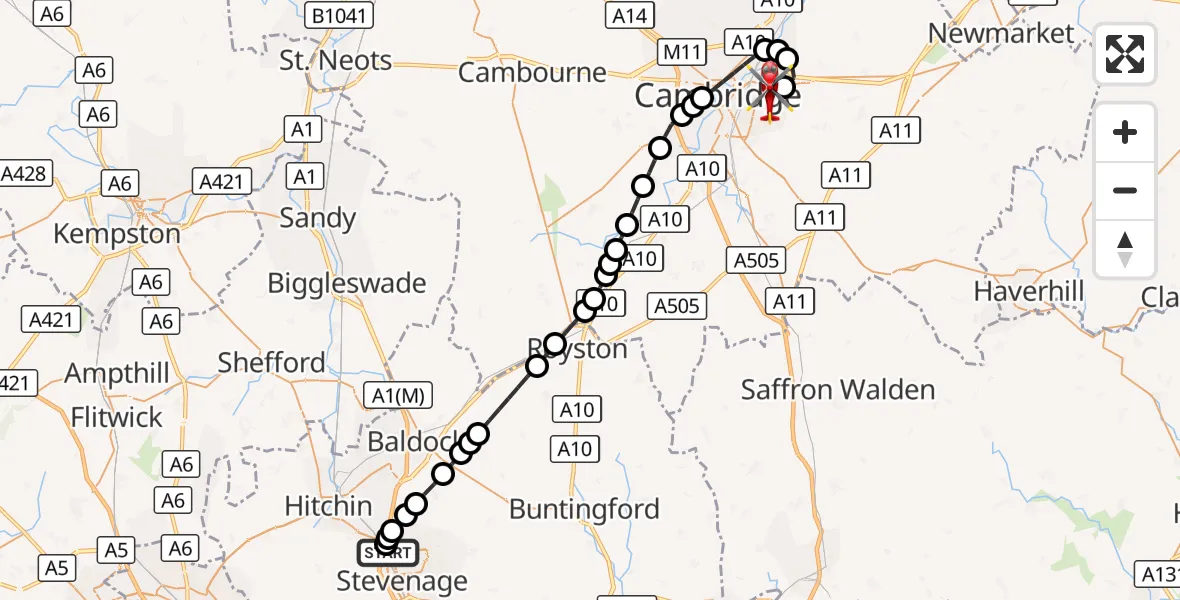 Flight route Air Ambulance Helicopter Stevenage - Cambridge City Airport, 10 October 2026, 12:18