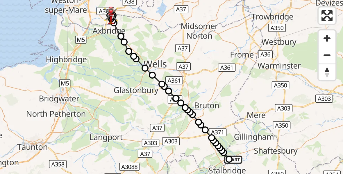 Flight route Air Ambulance Helicopter Henstridge Airfield - Winscombe, 10 October 2026, 12:20