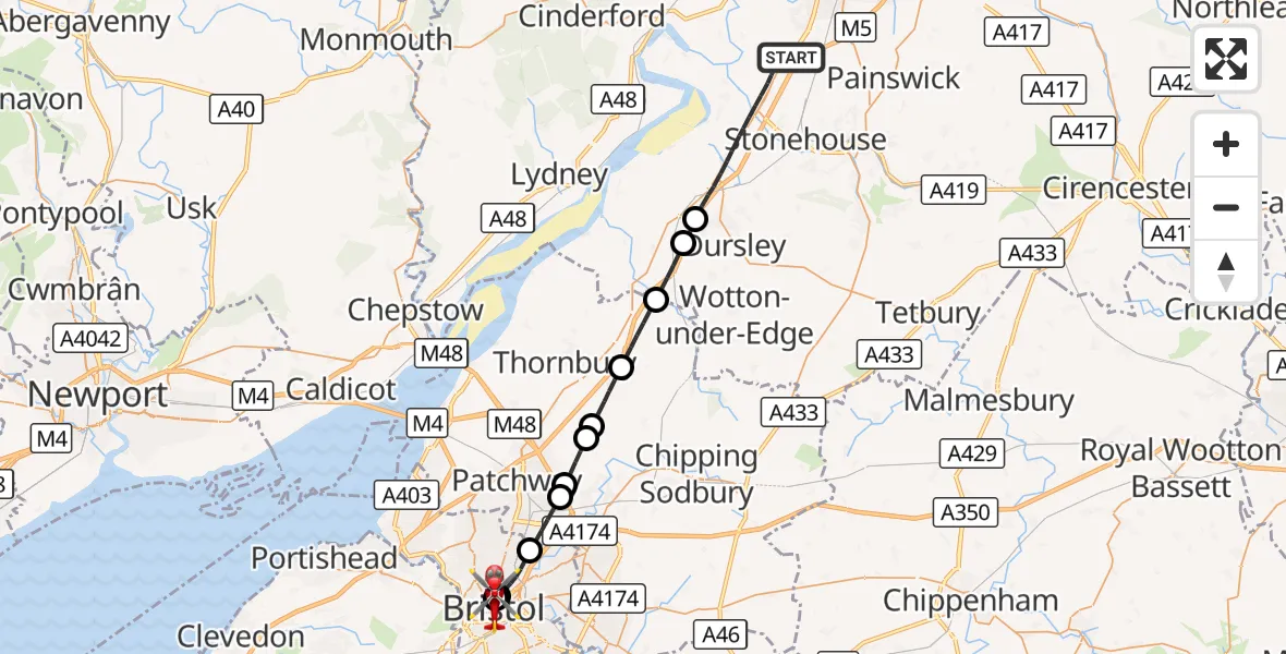 Flight route Air Ambulance Helicopter Stroud - Bristol Royal Infirmary, 10 October 2026, 12:20