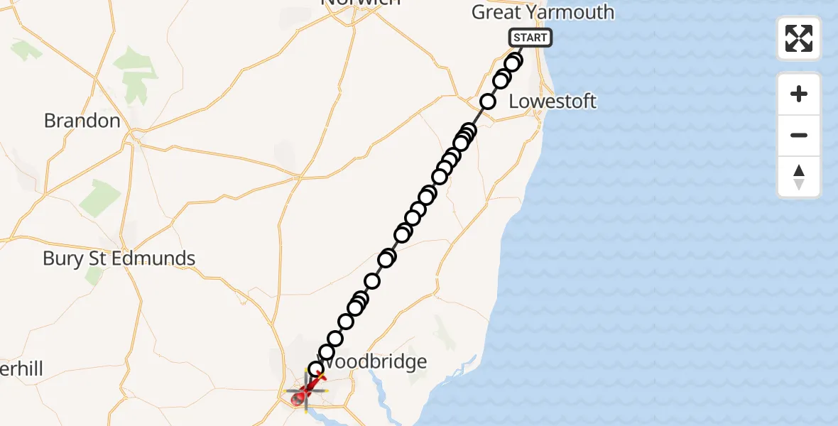 Flight route Air Ambulance Helicopter Great Yarmouth - Ipswich, 10 October 2026, 12:27