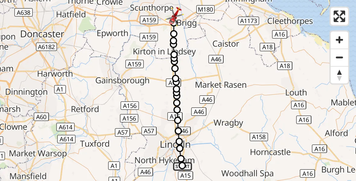 Flight route Air Ambulance Helicopter RAF Waddington - Broughton, 10 October 2026, 12:27
