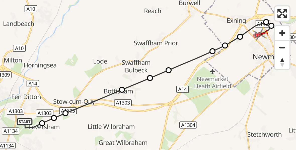 Flight route Air Ambulance Helicopter Cambridge City Airport - Newmarket, 10 October 2026, 12:59