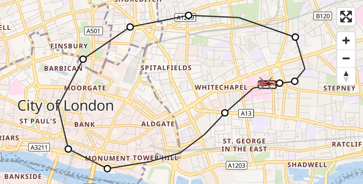 Flight route Air Ambulance Helicopter Royal London Hospital - Royal London Hospital, 10 October 2026, 13:08