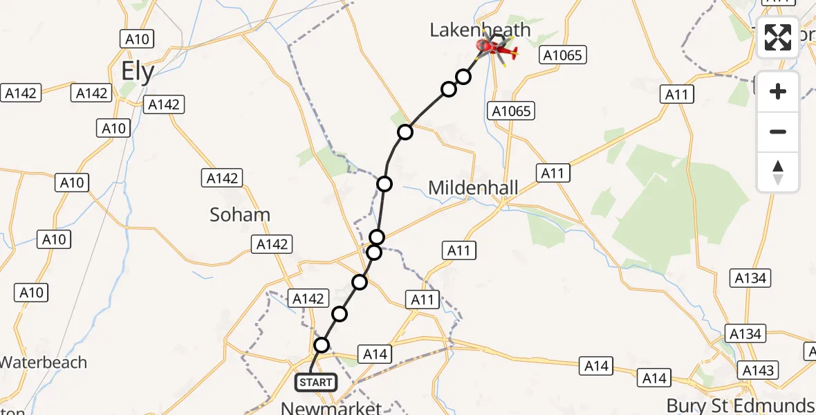 Flight route Air Ambulance Helicopter Newmarket - Lakenheath, 10 October 2026, 13:14