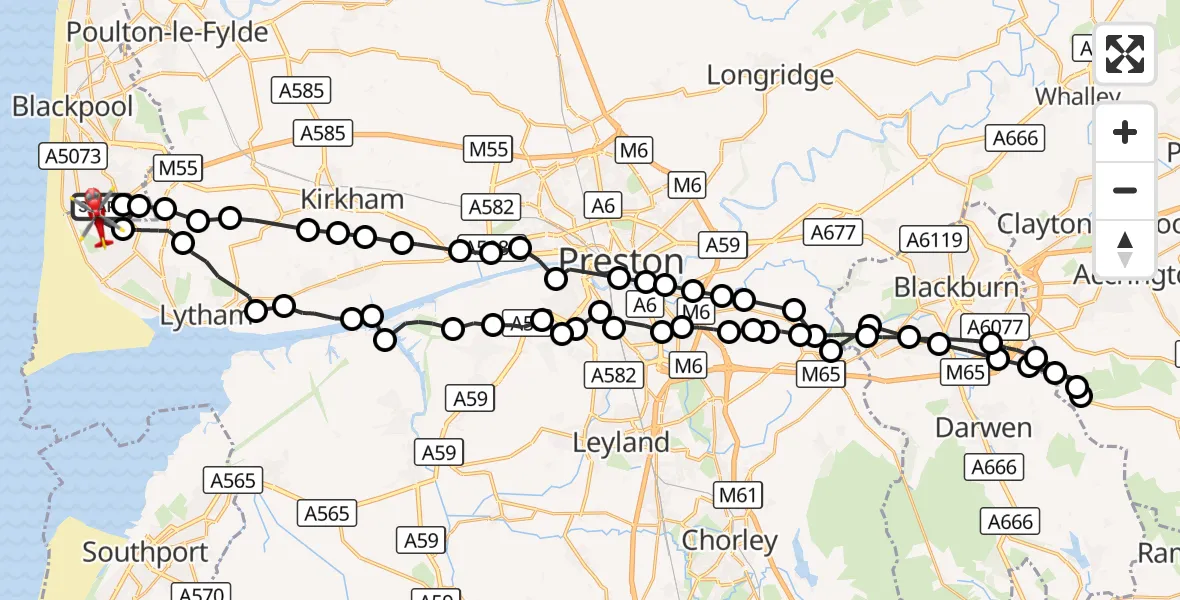 Flight route Air Ambulance Helicopter Blackpool Airport - Blackpool Airport, 10 October 2026, 13:16