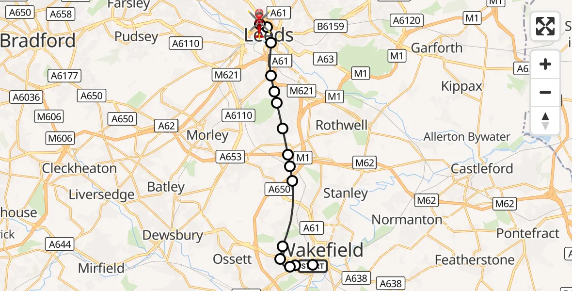 Flight route Air Ambulance Helicopter Thornes - Hyde Park, 10 October 2026, 13:18