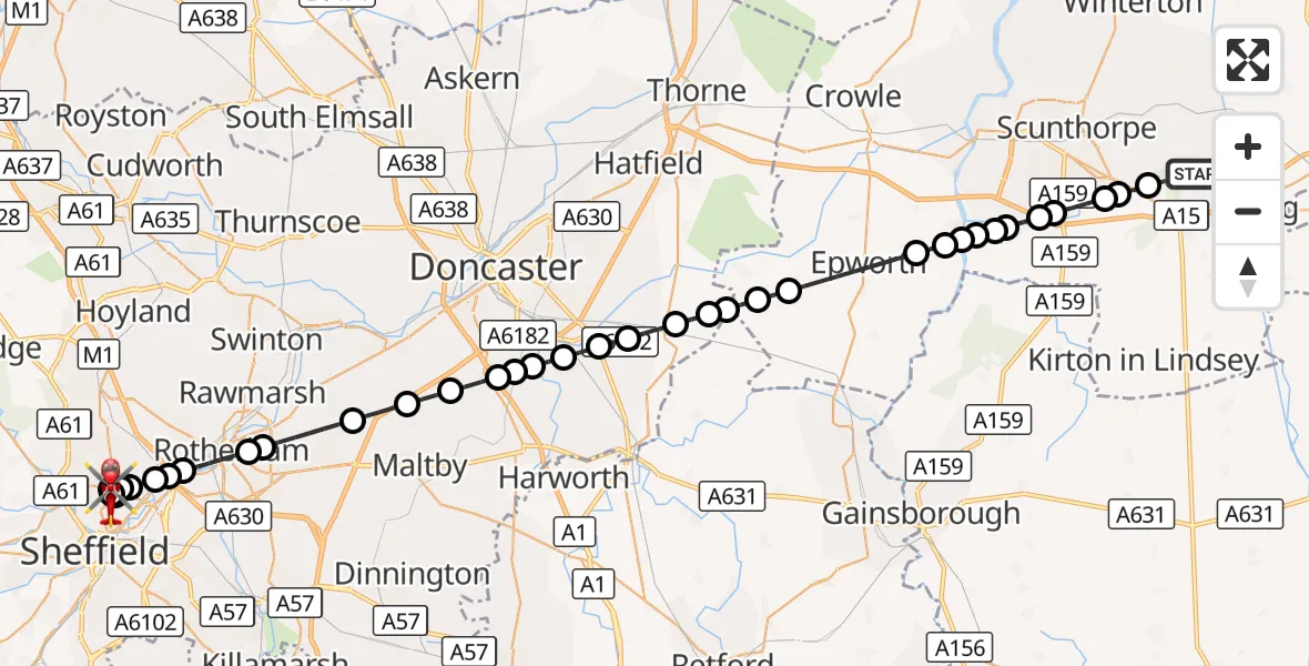 Flight route Air Ambulance Helicopter Broughton - Sheffield Northern Hospital, 10 October 2026, 13:21