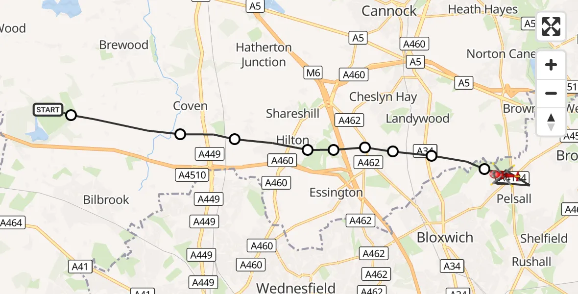 Flight route Air Ambulance Helicopter South Staffordshire - Walsall, 10 October 2026, 13:23