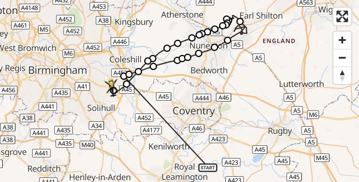 Flight route Police Helicopter Warwick - Birmingham Airport, 10 October 2026, 13:24