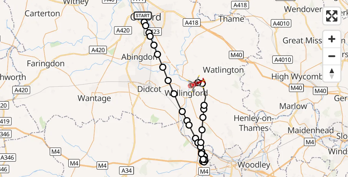 Flight route Air Ambulance Helicopter Oxford - RAF Benson, 10 October 2026, 13:28