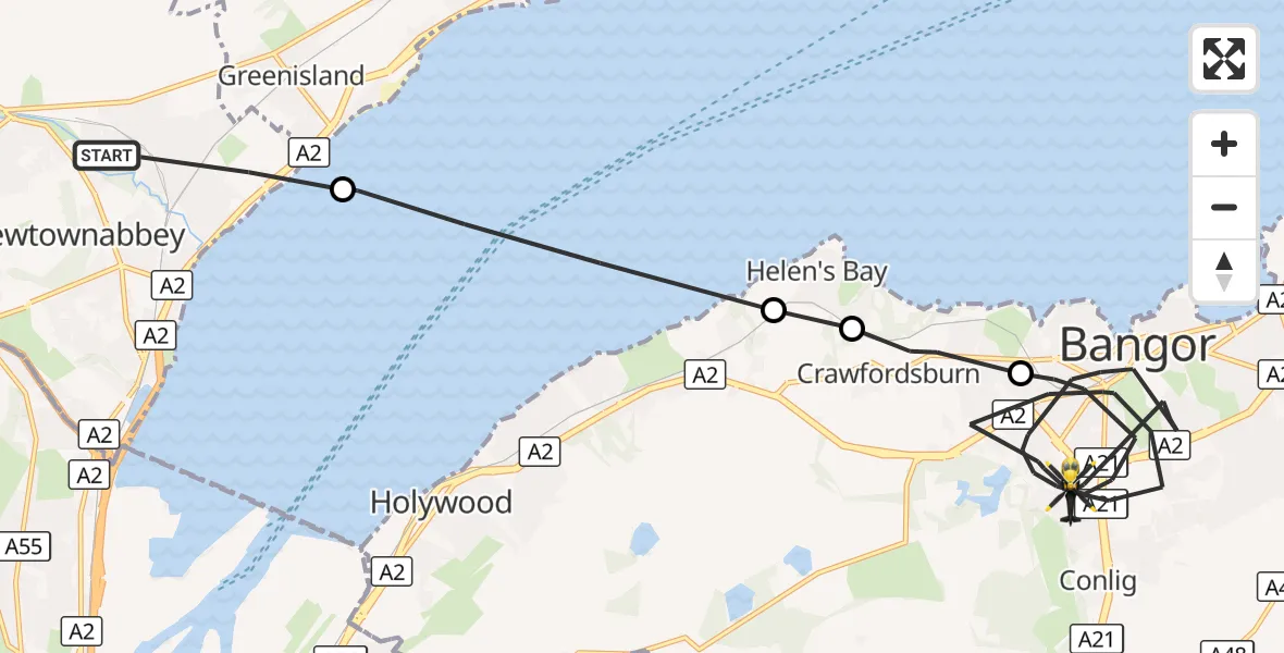 Flight route Police Helicopter Newtownabbey - Bangor, 10 October 2026, 13:32