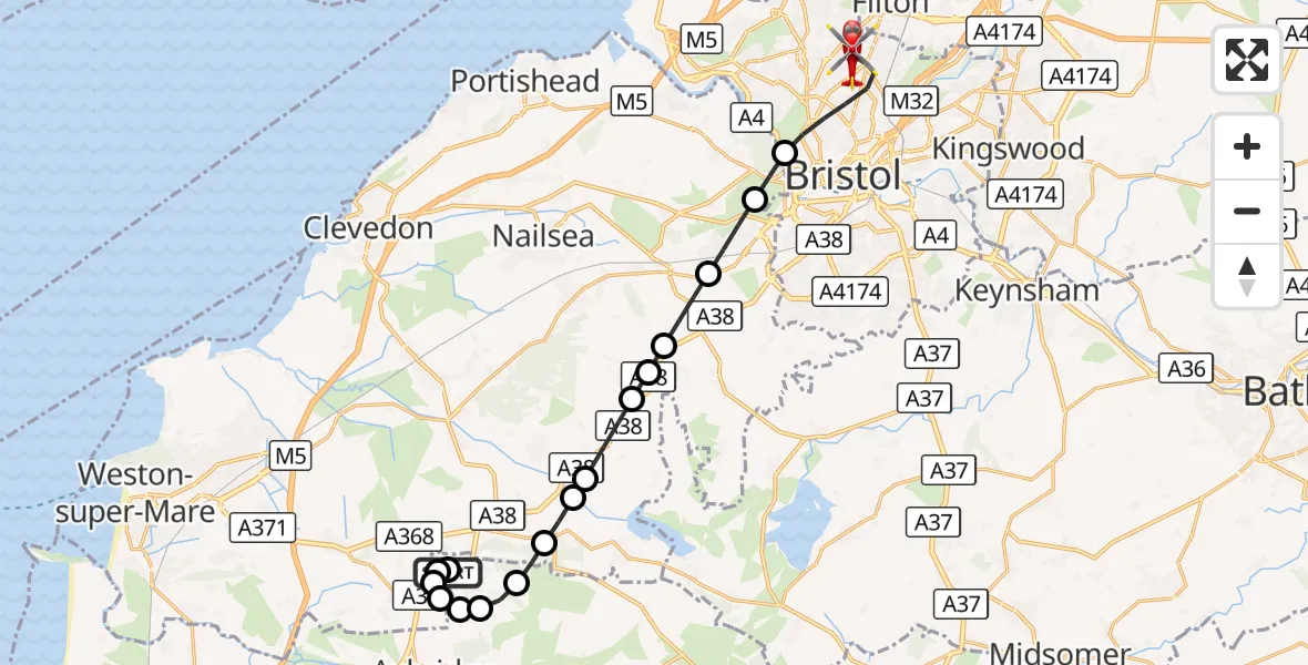 Flight route Air Ambulance Helicopter Star - Bristol, 10 October 2026, 13:33