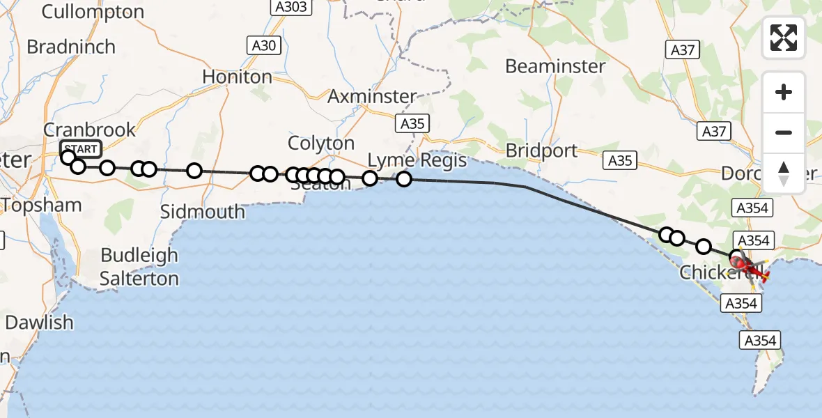 Flight route Air Ambulance Helicopter Exeter International Airport - Weymouth, 10 October 2026, 13:33