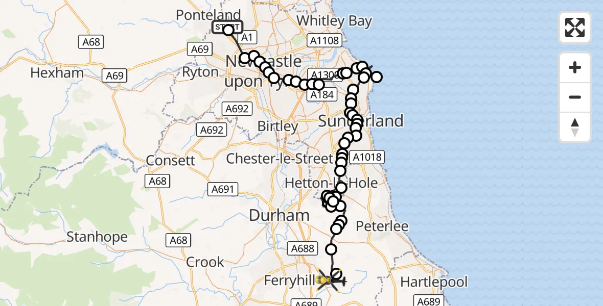 Flight route Police Helicopter Newcastle International Airport - Fishburn, 10 October 2026, 13:38