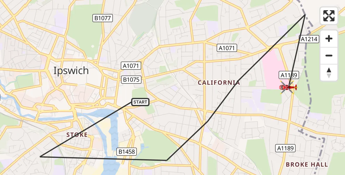 Flight route Air Ambulance Helicopter Ipswich - Rushmere St Andrew, 10 October 2026, 13:45