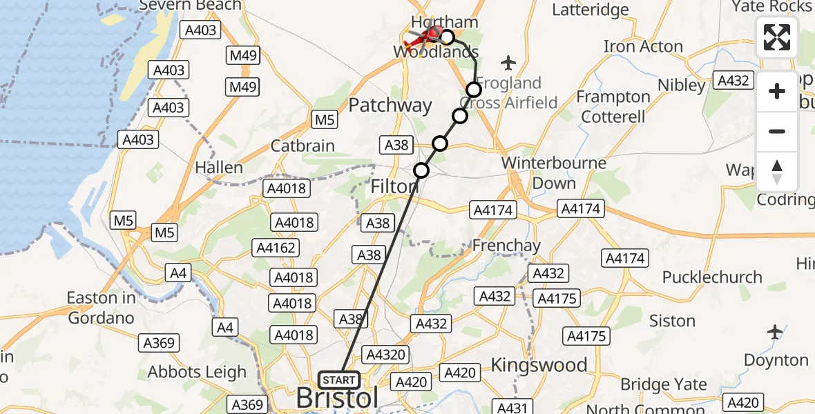 Flight route Air Ambulance Helicopter Bristol Royal Infirmary - Almondsbury Helicopter Base, 10 October 2026, 13:47