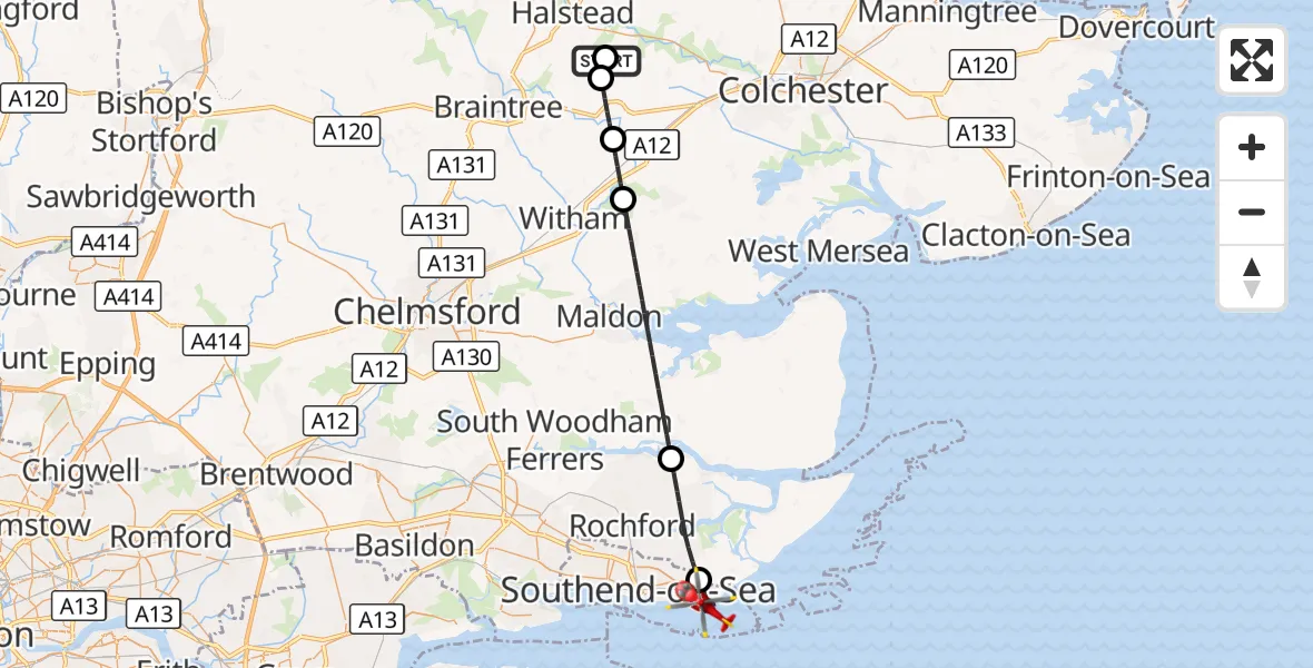 Flight route Air Ambulance Helicopter Earls Colne Airfield - Shoeburyness, 10 October 2026, 13:49