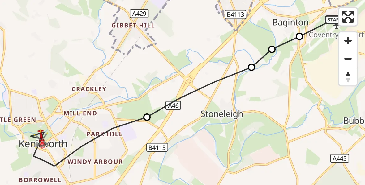 Flight route Air Ambulance Helicopter Coventry Airport - Kenilworth, 10 October 2026, 13:52