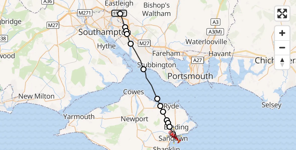 Flight route Air Ambulance Helicopter Southampton Airport - Sandown, 10 October 2026, 13:54
