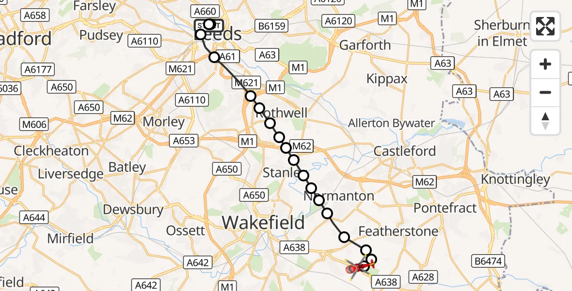 Flight route Air Ambulance Helicopter Woodhouse - YAA Nostell Helicopter Port, 10 October 2026, 14:04