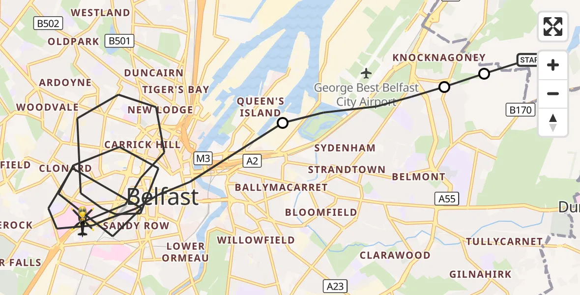 Flight route Police Helicopter Holywood - Belfast City District, 10 October 2026, 14:09