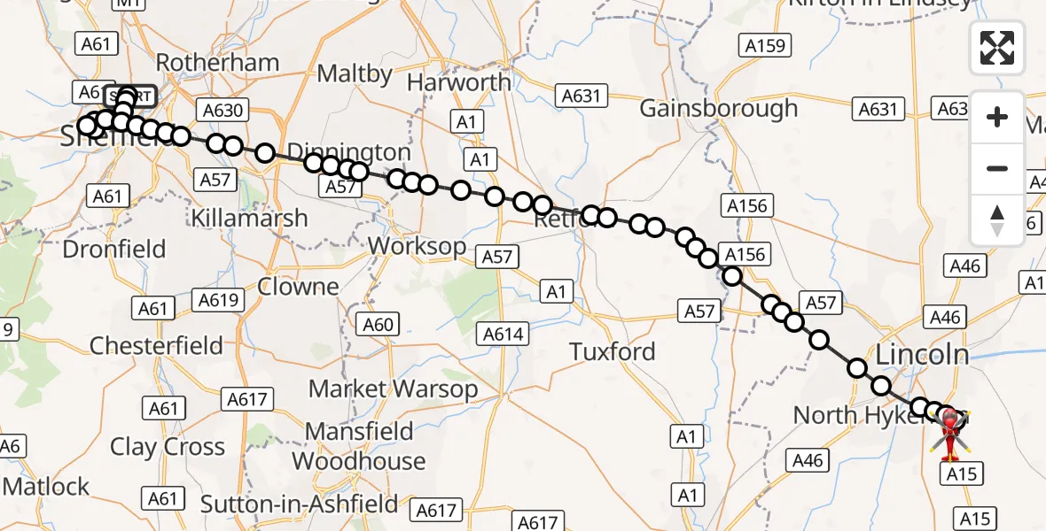 Flight route Air Ambulance Helicopter Sheffield Northern Hospital - North Kesteven, 10 October 2026, 14:13