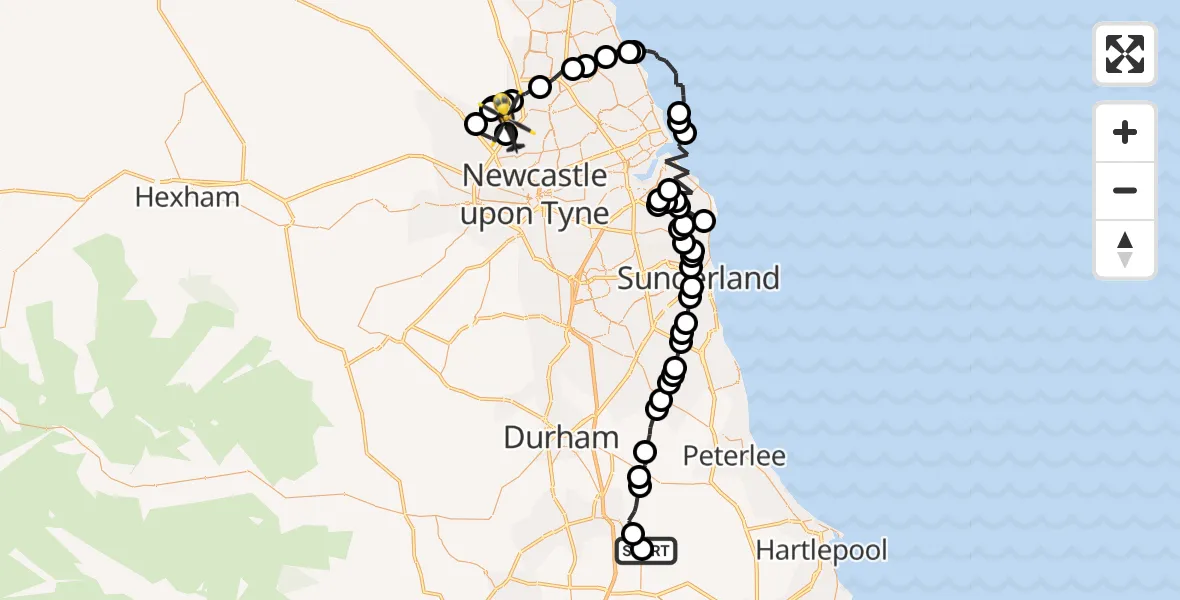 Flight route Police Helicopter Fishburn Airfield - Hazlerigg Village, 10 October 2026, 14:14