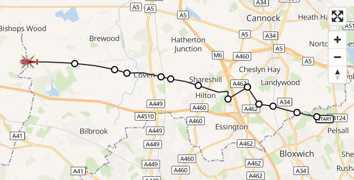 Flight route Air Ambulance Helicopter Walsall - Bishops Wood, 10 October 2026, 14:14