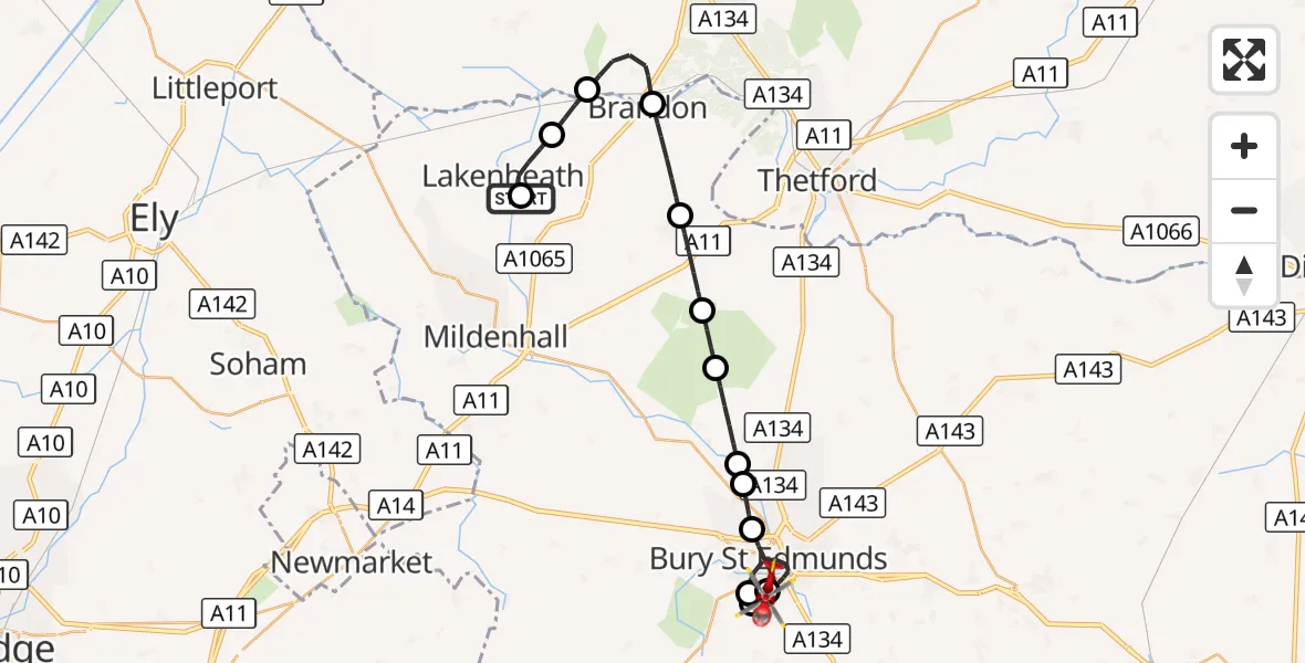 Flight route Air Ambulance Helicopter RAF Lakenheath - West Suffolk Hospital, 10 October 2026, 14:16