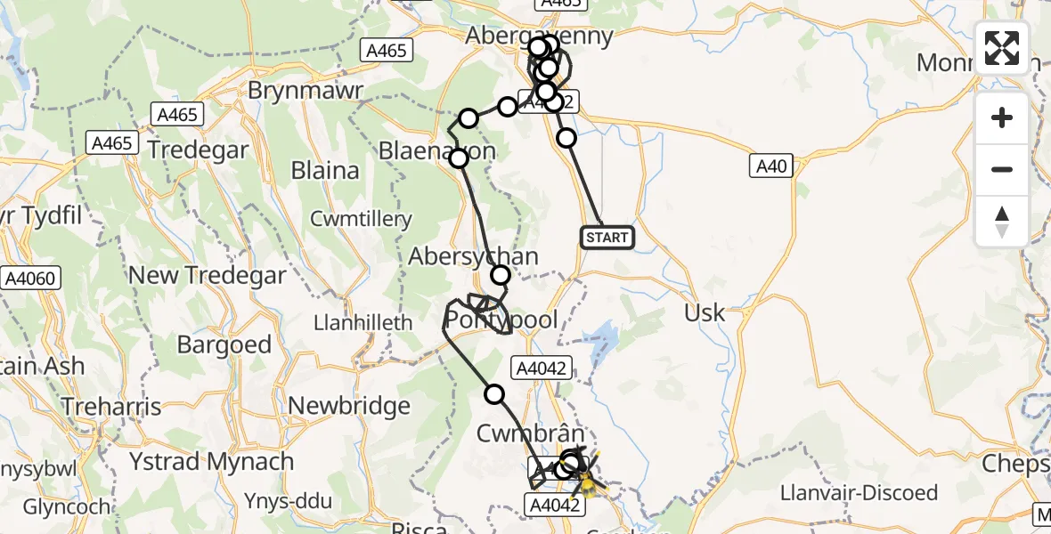 Flight route Police Helicopter Goytre - Ponthir, 10 October 2026, 14:20