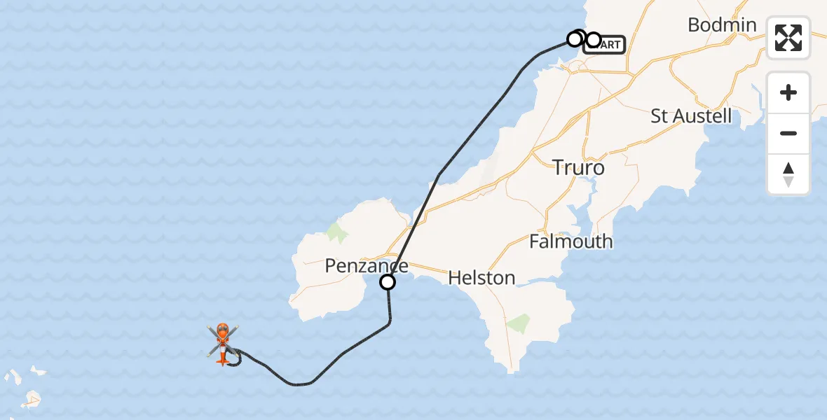 Flight route Coastguard Helicopter Cornwall Airport Newquay - English Channel, 10 October 2026, 14:22