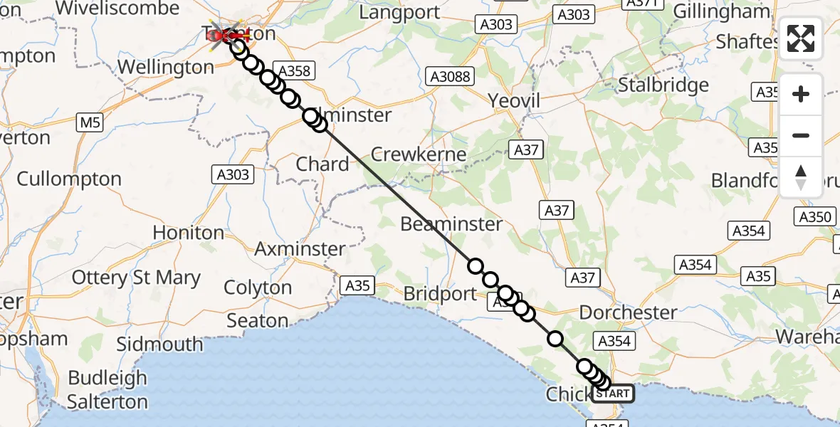 Flight route Air Ambulance Helicopter Weymouth - Musgrove Hospital, 10 October 2026, 14:34