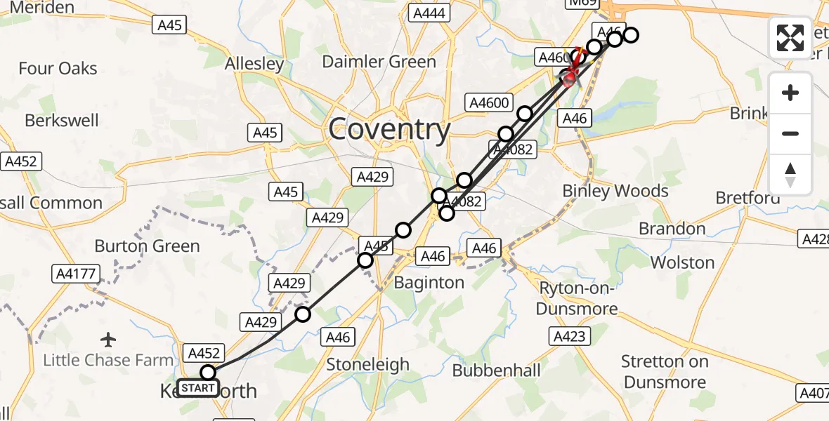 Flight route Air Ambulance Helicopter Kenilworth - University Hospital Coventry, 10 October 2026, 14:34