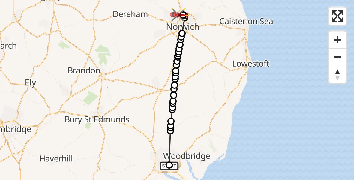 Flight route Air Ambulance Helicopter Ipswich Hospital - Norwich Airport, 10 October 2026, 14:42