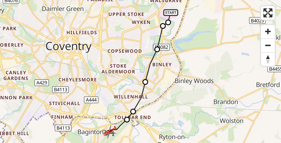 Flight route Air Ambulance Helicopter University Hospital Coventry - Coventry Airport, 10 October 2026, 14:55