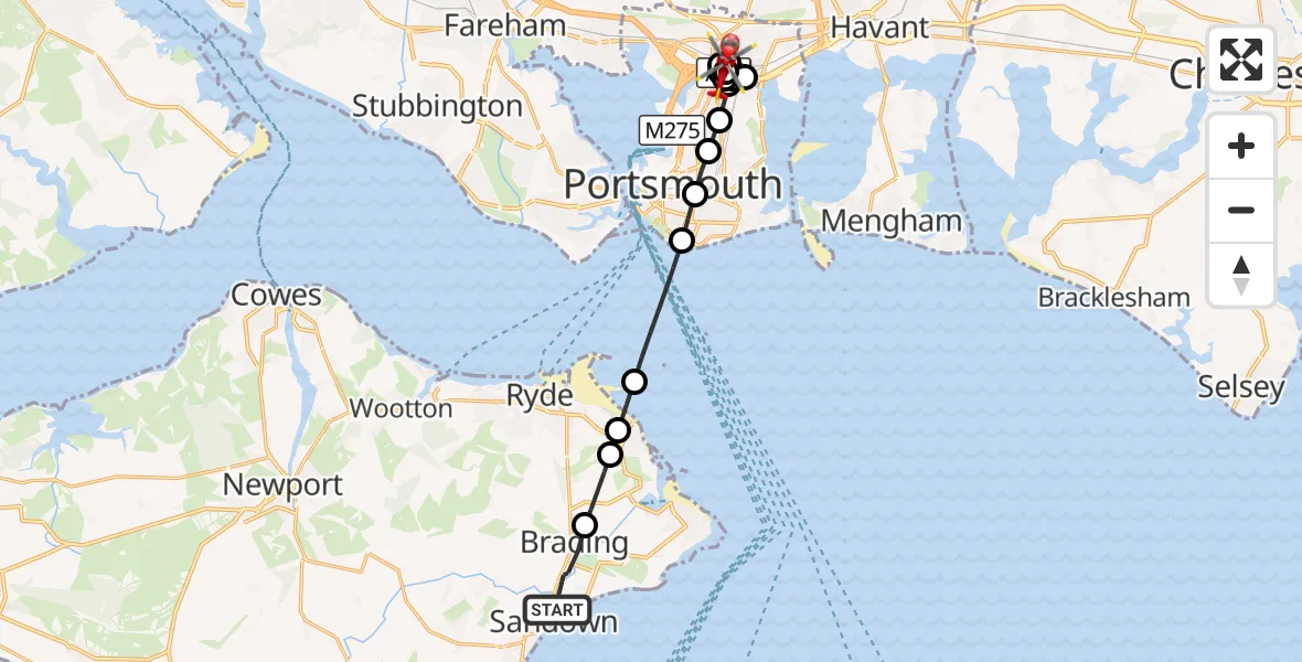 Flight route Air Ambulance Helicopter Sandown - Cosham, 10 October 2026, 15:04