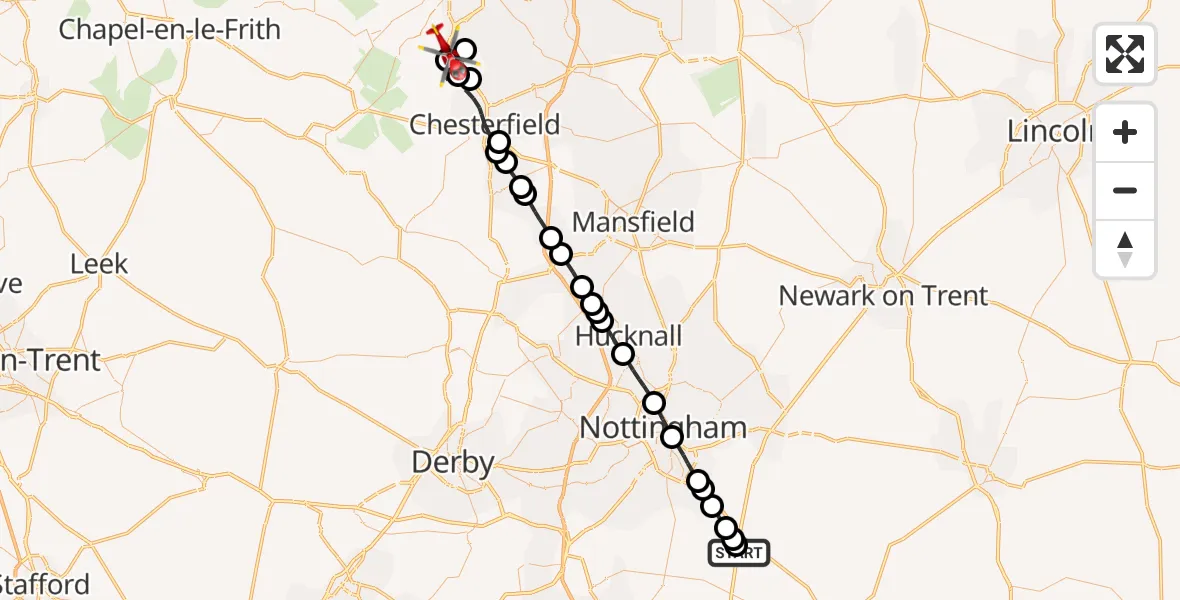 Flight route Air Ambulance Helicopter Nottingham Heliport - Dronfield, 10 October 2026, 15:11