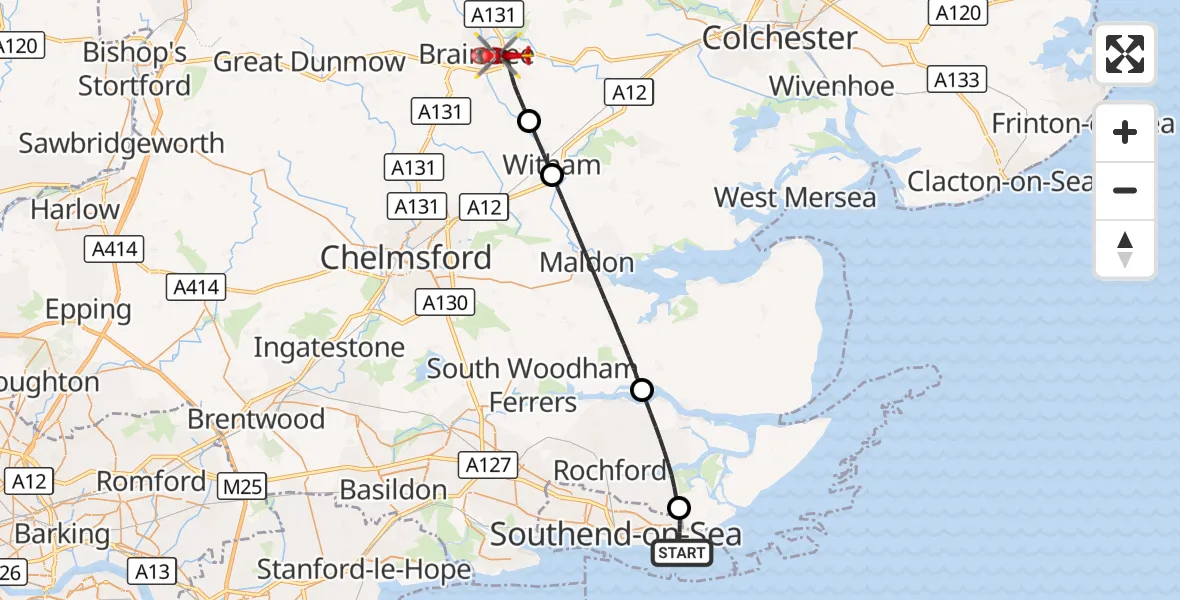 Flight route Air Ambulance Helicopter Shoeburyness - Braintree, 10 October 2026, 15:16