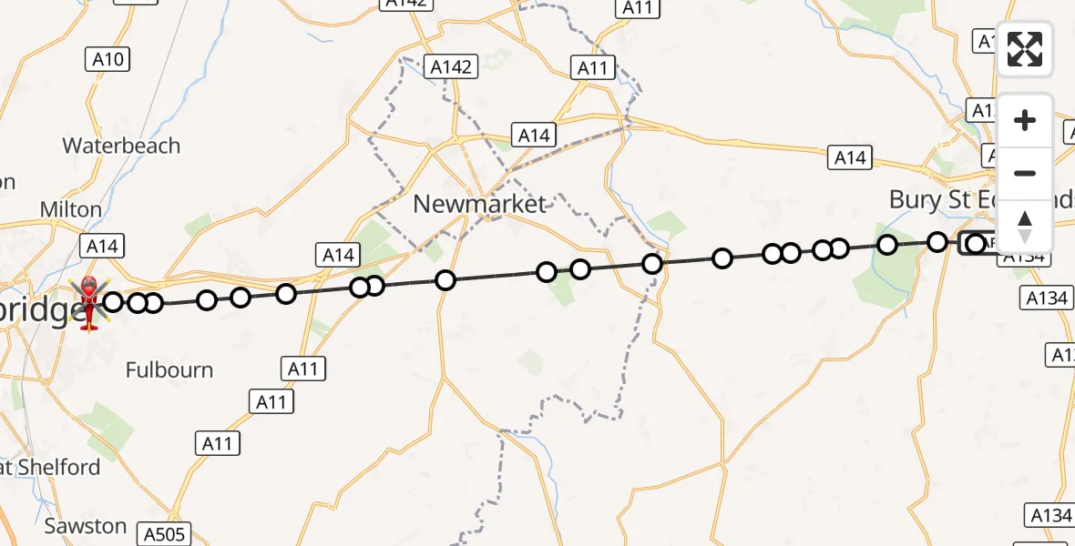 Flight route Air Ambulance Helicopter West Suffolk Hospital - Cambridge City Airport, 10 October 2026, 15:20