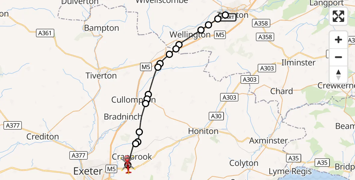 Flight route Air Ambulance Helicopter Musgrove Hospital - Exeter International Airport, 10 October 2026, 15:32
