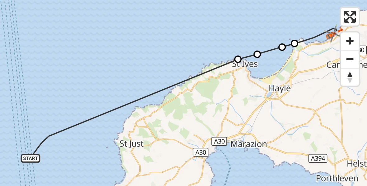 Flight route Coastguard Helicopter North Atlantic Ocean - Camborne, 10 October 2026, 15:43