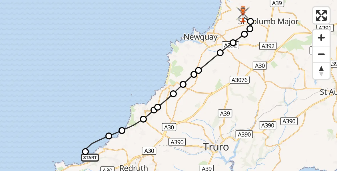 Flight route Coastguard Helicopter Camborne - Cornwall Airport Newquay, 10 October 2026, 15:58