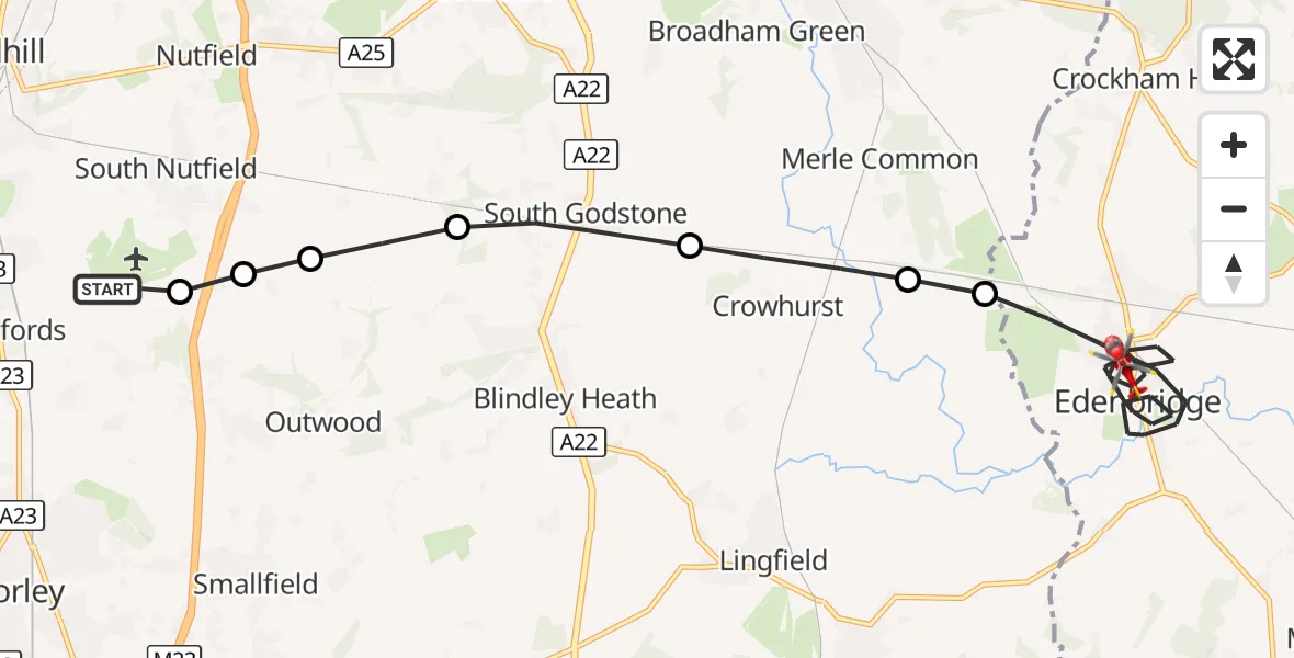Flight route Air Ambulance Helicopter Redhill Aerodrome - Edenbridge, 10 October 2026, 16:01