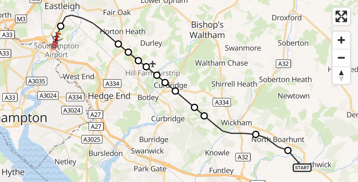 Flight route Air Ambulance Helicopter Southwick - Southampton Airport, 10 October 2026, 16:01