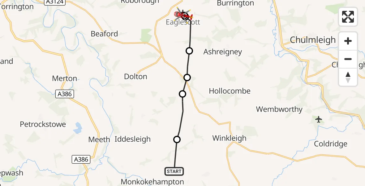 Flight route Air Ambulance Helicopter Monkokehampton - Eaglescott Airfield, 10 October 2026, 16:02