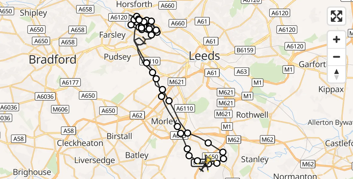 Flight route Police Helicopter East Ardsley - East Ardsley, 10 October 2026, 16:06