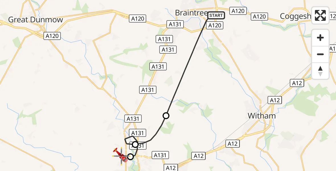 Flight route Air Ambulance Helicopter Braintree - Chelmsford, 10 October 2026, 16:08