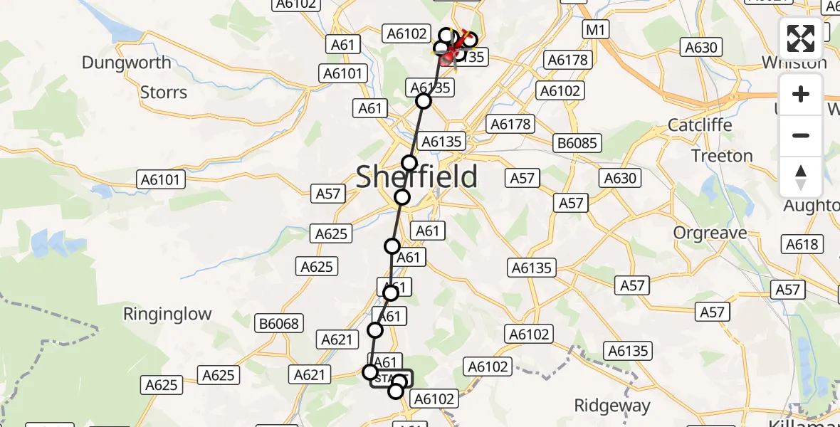 Flight route Air Ambulance Helicopter Woodseats - Sheffield Northern Hospital, 10 October 2026, 16:24